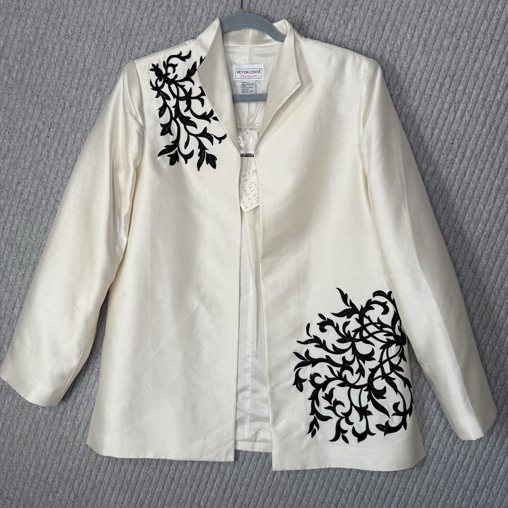 Victor Costa Cream Jacket with Black Leaf Embroidery